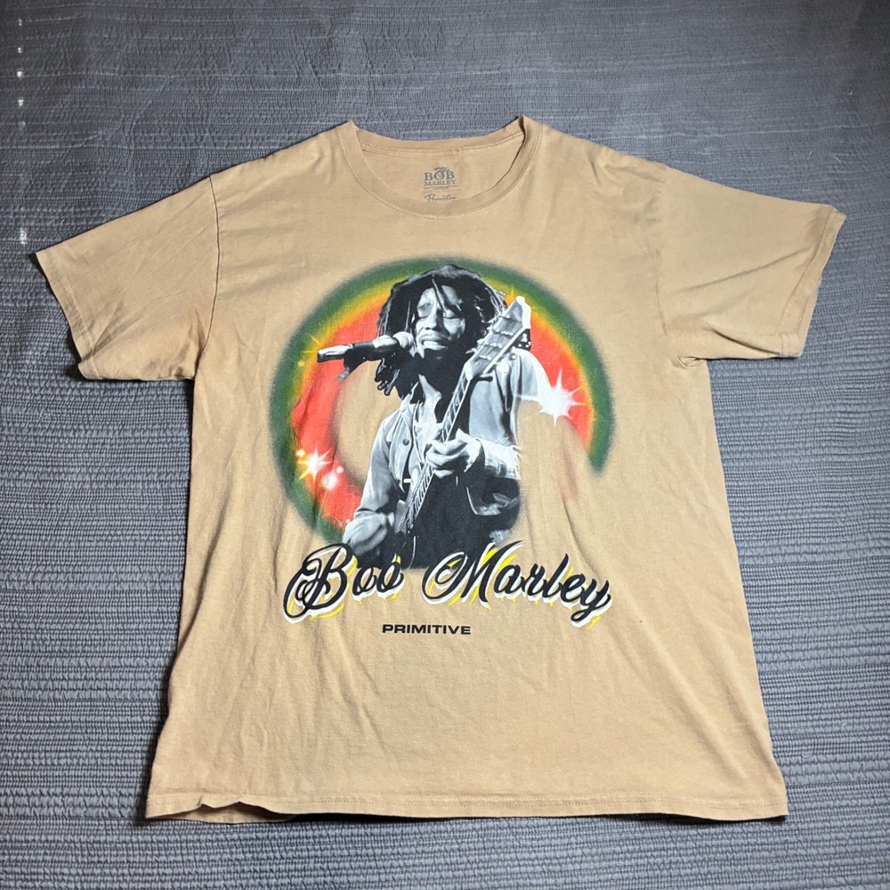 Bob Marley Primitive Skateboarding T-Shirt Mens Large Tan Graphic Rasta Tee L